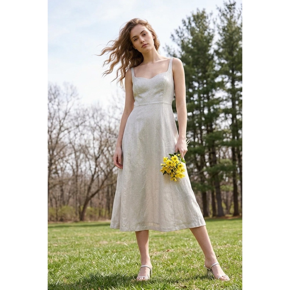Old Navy Women Beige Linen Blend Notch Neck Midi Dress‎ Flax Med Neutral Coastal